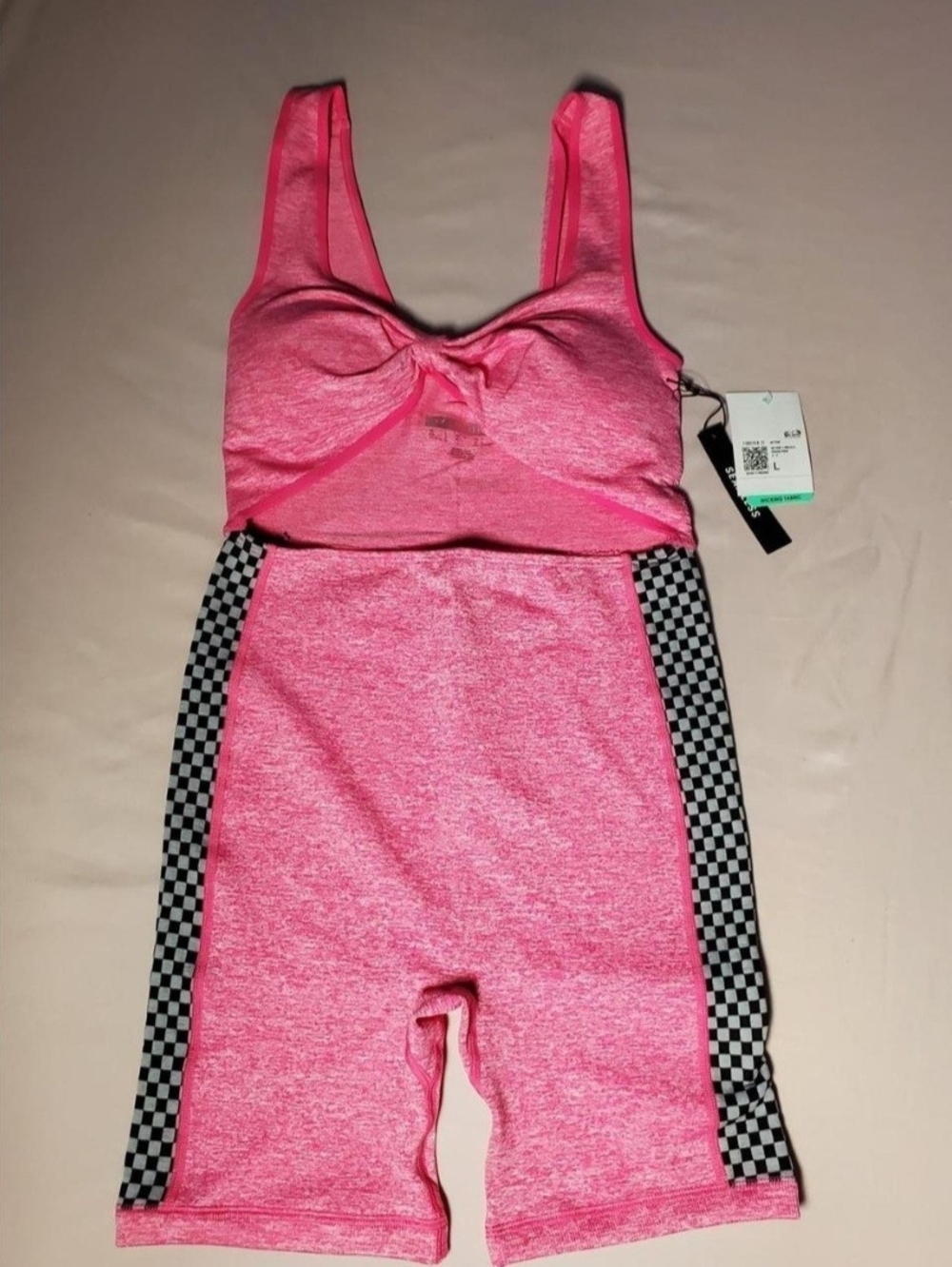 Forever 21 Pink Athletic Tank & Biker Short Set with Checkered Side Panels